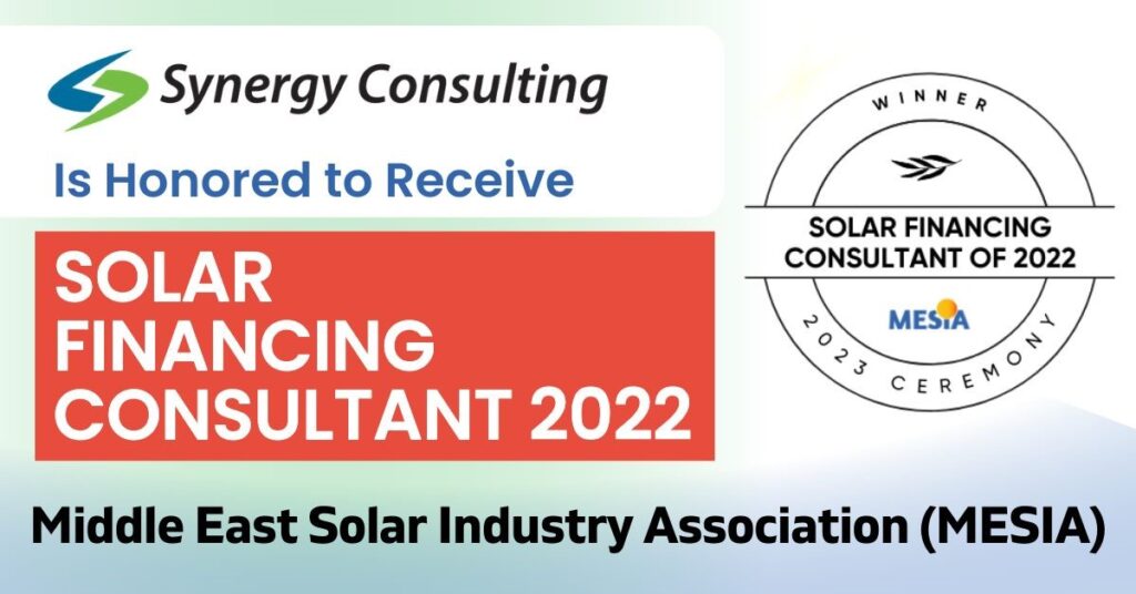 Solar Financing Award graphic with MESIA and Synergy Consulting logos